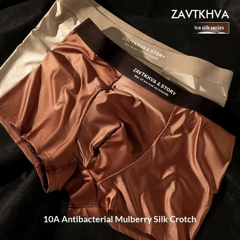 3Pcs Luxury Men's Ice Silk Boxer Briefs Summer Thin Satin-like Underwear Breathable Crotch Comfortable Male Panties